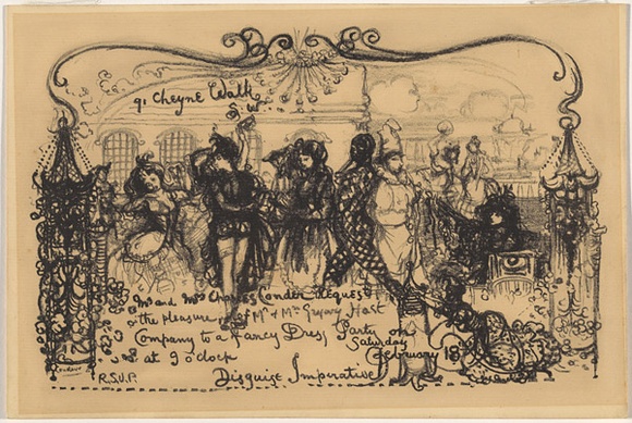 Artist: b'Conder, Charles.' | Title: bInvitation card: A fancy-dress party at the artist's house. | Date: 1905 | Technique: b'transfer-lithograph, printed in black ink, from one stone' Artist: b'Conder, Charles.' | Title: bInvitation card: A fancy-dress party at the artist's house. | Date: 1905 | Technique: b'transfer-lithograph, printed in black ink, from one stone'
