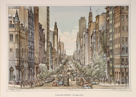 Artist: b'Freedman, Harold.' | Title: b'Collins Street - from Queens Street.' | Date: 1962 | Technique: b'lithograph' Artist: b'Freedman, Harold.' | Title: b'Collins Street - from Queens Street.' | Date: 1962 | Technique: b'lithograph'