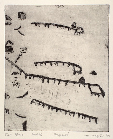 Artist: b'Napier, Ian.' | Title: b'Fragments' | Date: 1991, September | Technique: b'etching, printed in black ink with plate-tone, from one plate' Artist: b'Napier, Ian.' | Title: b'Fragments' | Date: 1991, September | Technique: b'etching, printed in black ink with plate-tone, from one plate'