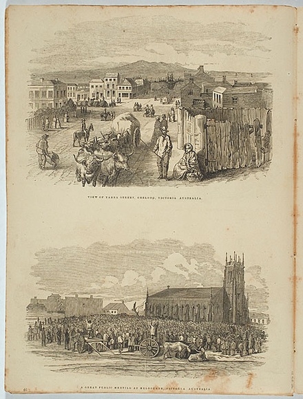 Artist: b'Mason, Walter George.' | Title: b'View of Yarra Street, Geelong, Victoria Australia.' | Date: 1857 | Technique: b'wood-engraving, printed in black ink, from one block' Artist: b'Mason, Walter George.' | Title: b'View of Yarra Street, Geelong, Victoria Australia.' | Date: 1857 | Technique: b'wood-engraving, printed in black ink, from one block'