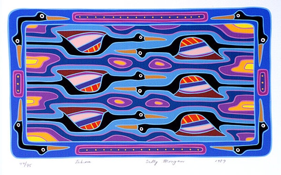 Artist: b'Morgan, Sally.' | Title: b'Jabiru' | Date: 1989 | Technique: b'screenprint, printed in colour, from multiple stencils' Artist: b'Morgan, Sally.' | Title: b'Jabiru' | Date: 1989 | Technique: b'screenprint, printed in colour, from multiple stencils'