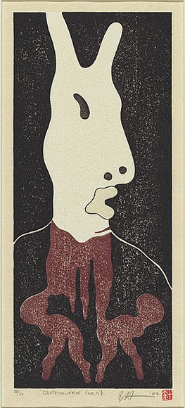 Artist: b'Harris, Brent.' | Title: b'Grotesquerie 9' | Date: 2002 | Technique: b'woodcut, printed in three colours in the Japanese manner, from multiple blocks' Artist: b'Harris, Brent.' | Title: b'Grotesquerie 9' | Date: 2002 | Technique: b'woodcut, printed in three colours in the Japanese manner, from multiple blocks'