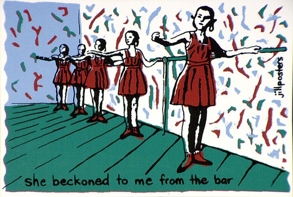 Artist: b'Jill Posters.' | Title: b'Postcard: She beckoned to me from the bar' | Date: 1983-87 | Technique: b'screenprint, printed in colour, from four stencils' Artist: b'Jill Posters.' | Title: b'Postcard: She beckoned to me from the bar' | Date: 1983-87 | Technique: b'screenprint, printed in colour, from four stencils'