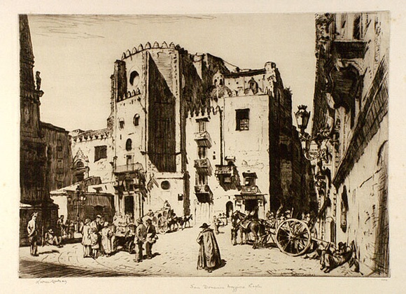 Artist: b'LINDSAY, Lionel' | Title: b'San Domenico, Maggiore, Naples' | Date: 1928 | Technique: b'etching, printed in brown ink with plate-tone, from one plate' | Copyright: b'Courtesy of the National Library of Australia' Artist: b'LINDSAY, Lionel' | Title: b'San Domenico, Maggiore, Naples' | Date: 1928 | Technique: b'etching, printed in brown ink with plate-tone, from one plate' | Copyright: b'Courtesy of the National Library of Australia'