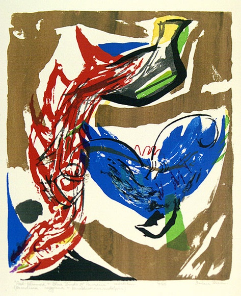 Artist: b'Brash, Barbara.' | Title: b'Red-plumed and blue Birds of Paradise.' | Date: 1965 | Technique: b'screenprint, printed in colour, from eight stencils' Artist: b'Brash, Barbara.' | Title: b'Red-plumed and blue Birds of Paradise.' | Date: 1965 | Technique: b'screenprint, printed in colour, from eight stencils'