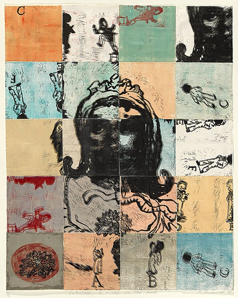 Artist: b'SHIMMEN, Heather' | Title: b'Valentine -- a rival in the field.' | Date: 1998 | Technique: b'linocut, printed in colour, from multiple blocks' | Copyright: b'\xc2\xa9 Heather Shimmen' Artist: b'SHIMMEN, Heather' | Title: b'Valentine -- a rival in the field.' | Date: 1998 | Technique: b'linocut, printed in colour, from multiple blocks' | Copyright: b'\xc2\xa9 Heather Shimmen'