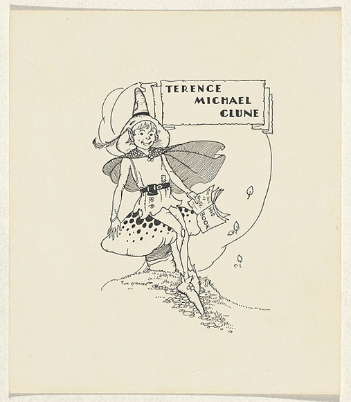 Artist: bO'Harris, Pixie | Title: b'Bookplate: Terence Michael Clune' | Date: (1930s) | Technique: b'lineblock' Artist: bO'Harris, Pixie | Title: b'Bookplate: Terence Michael Clune' | Date: (1930s) | Technique: b'lineblock'