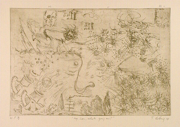 Artist: b'COLEING, Tony' | Title: bM+M = Hey Leon, what's going on?. | Date: 1978 | Technique: b'softground etching, printed in brown ink, from one plate' Artist: b'COLEING, Tony' | Title: bM+M = Hey Leon, what's going on?. | Date: 1978 | Technique: b'softground etching, printed in brown ink, from one plate'
