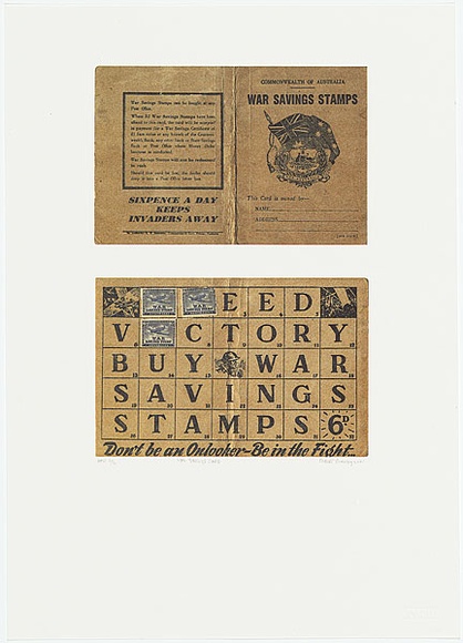 Artist: b'Rooney, Robert.' | Title: b'War savings card' | Date: 2001, July - August | Technique: b'photolithograph, printed in colour, from four colour-separation plates' | Copyright: b'Courtesy of Tolarno Galleries' Artist: b'Rooney, Robert.' | Title: b'War savings card' | Date: 2001, July - August | Technique: b'photolithograph, printed in colour, from four colour-separation plates' | Copyright: b'Courtesy of Tolarno Galleries'