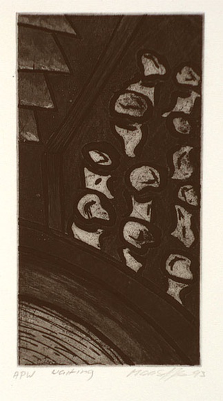 Artist: b'STAFFIERI, Mara' | Title: b'Waiting' | Date: 1993 | Technique: b'etching and aquatint, printed in black ink, from one plate' Artist: b'STAFFIERI, Mara' | Title: b'Waiting' | Date: 1993 | Technique: b'etching and aquatint, printed in black ink, from one plate'