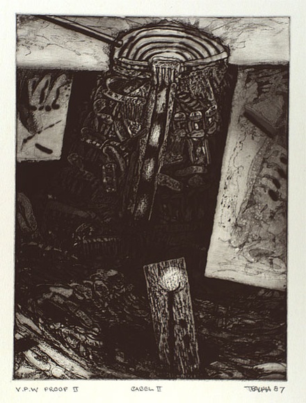Artist: b'Ralph, Timothy' | Title: b'Babel II' | Date: 1987 | Technique: b'etching and aquatint, printed in black ink with plate-tone, from one plate' | Copyright: b'\xc2\xa9 Timothy Ralph. Licensed by VISCOPY, Australia' Artist: b'Ralph, Timothy' | Title: b'Babel II' | Date: 1987 | Technique: b'etching and aquatint, printed in black ink with plate-tone, from one plate' | Copyright: b'\xc2\xa9 Timothy Ralph. Licensed by VISCOPY, Australia'