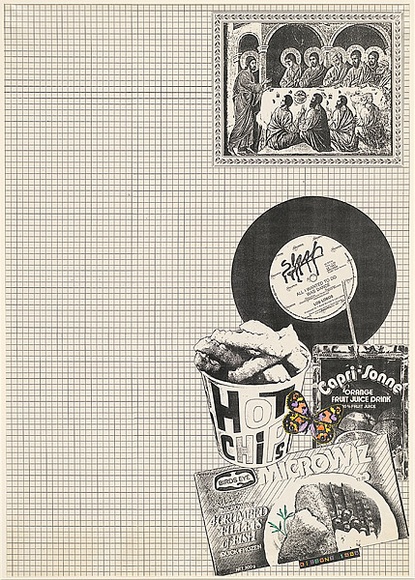 Title: b'Homage to Duccio 15: Apparition at supper' | Date: c.1989 | Technique: b'photocopy, printed in black ink, from collaged artwork; hand-coloured in watercolour' Title: b'Homage to Duccio 15: Apparition at supper' | Date: c.1989 | Technique: b'photocopy, printed in black ink, from collaged artwork; hand-coloured in watercolour'