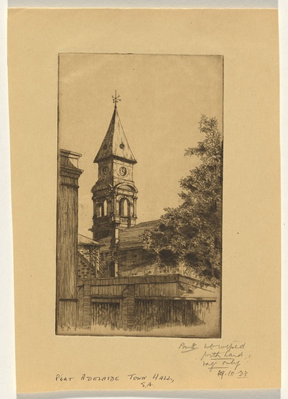 Artist: b'Carlier, Frederick.' | Title: b'Port Adelaide, Town Hall, S.A.' | Date: 1933 | Technique: b'etching, printed in black ink, from one plate' Artist: b'Carlier, Frederick.' | Title: b'Port Adelaide, Town Hall, S.A.' | Date: 1933 | Technique: b'etching, printed in black ink, from one plate'