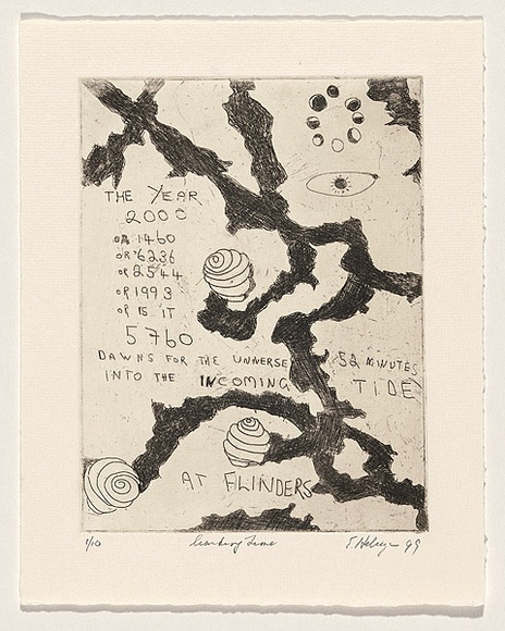 Artist: b'Haliczer, Elizabeth.' | Title: b'Marking time' | Date: 1999 | Technique: b'engraving, printed in black ink, from 1 perspex plate' Artist: b'Haliczer, Elizabeth.' | Title: b'Marking time' | Date: 1999 | Technique: b'engraving, printed in black ink, from 1 perspex plate'