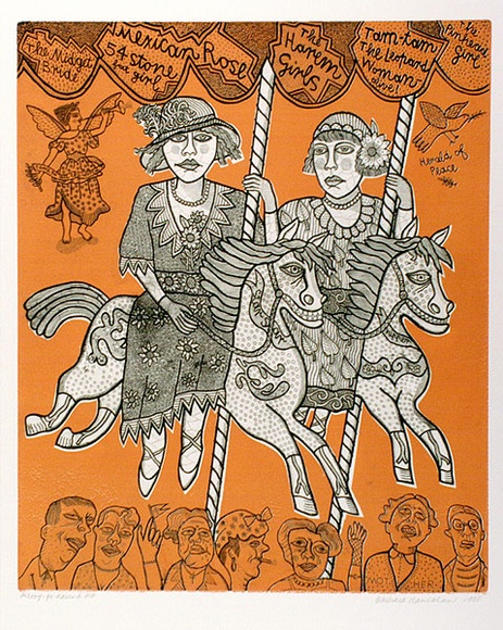 Artist: b'HANRAHAN, Barbara' | Title: b'Merry-go-round' | Date: 1985 | Technique: b'etching, relief etching, printed in black ink, from two plates' Artist: b'HANRAHAN, Barbara' | Title: b'Merry-go-round' | Date: 1985 | Technique: b'etching, relief etching, printed in black ink, from two plates'