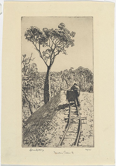 Artist: b'LINDSAY, Lionel' | Title: b'Trucking at the White Hope, Cracow, Queensland' | Date: 1932 | Technique: b'etching, printed in black ink, from one plate' | Copyright: b'Courtesy of the National Library of Australia' Artist: b'LINDSAY, Lionel' | Title: b'Trucking at the White Hope, Cracow, Queensland' | Date: 1932 | Technique: b'etching, printed in black ink, from one plate' | Copyright: b'Courtesy of the National Library of Australia'
