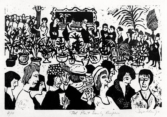 Artist: b'Allen, Joyce.' | Title: b'Pot Plant Society reception.' | Date: 1970 | Technique: b'linocut, printed in black ink, from one block' Artist: b'Allen, Joyce.' | Title: b'Pot Plant Society reception.' | Date: 1970 | Technique: b'linocut, printed in black ink, from one block'
