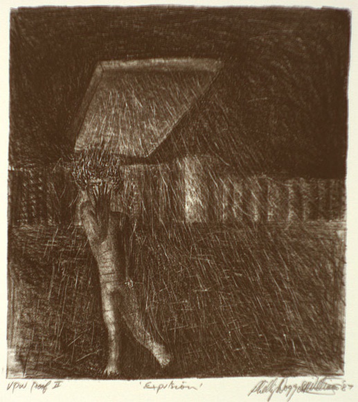 Artist: b'Doggett-Williams, Phillip.' | Title: b'Expulsion' | Date: 1987 | Technique: b'lithograph, printed in sepia ink, from one stone' Artist: b'Doggett-Williams, Phillip.' | Title: b'Expulsion' | Date: 1987 | Technique: b'lithograph, printed in sepia ink, from one stone'
