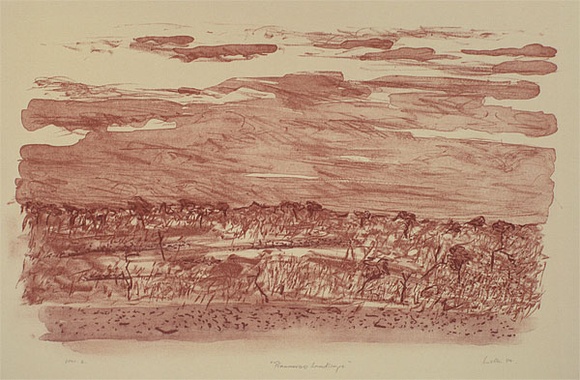 Artist: b'Trenfield, Wells.' | Title: b'Pinnarroo landscape' | Date: 1984 | Technique: b'lithograph, printed in red ink, from one stone' Artist: b'Trenfield, Wells.' | Title: b'Pinnarroo landscape' | Date: 1984 | Technique: b'lithograph, printed in red ink, from one stone'