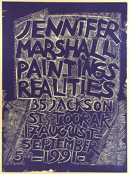 Artist: b'Marshall, Jennifer.' | Title: b'Jennifer Marshall paintings realities. 35 Jackson St Toorak, 17 August - September 5th 1991' | Date: 1991 | Technique: b'linocut, printed in purple ink, from one block' Artist: b'Marshall, Jennifer.' | Title: b'Jennifer Marshall paintings realities. 35 Jackson St Toorak, 17 August - September 5th 1991' | Date: 1991 | Technique: b'linocut, printed in purple ink, from one block'
