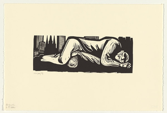 Artist: b'Counihan, Noel.' | Title: b'Sleep' | Date: 1978 | Technique: b'linocut, printed in black ink, from one block' Artist: b'Counihan, Noel.' | Title: b'Sleep' | Date: 1978 | Technique: b'linocut, printed in black ink, from one block'
