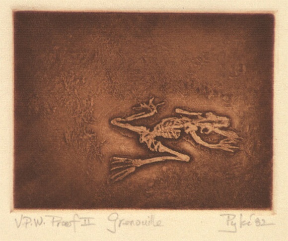Artist: b'Stuart, Guy.' | Title: b'Grenouille' | Date: 1982 | Technique: b'etching and aquatint, printed in sepia ink, from one plate' Artist: b'Stuart, Guy.' | Title: b'Grenouille' | Date: 1982 | Technique: b'etching and aquatint, printed in sepia ink, from one plate'