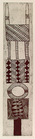 Artist: b'Wuribudiwi, John Wilson.' | Title: b'Tutini pukumani pole' | Date: 1995, November | Technique: b'etching, printed in black ink, from one plate' Artist: b'Wuribudiwi, John Wilson.' | Title: b'Tutini pukumani pole' | Date: 1995, November | Technique: b'etching, printed in black ink, from one plate'
