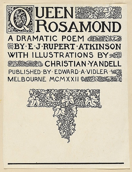 Title: b'title page proof for Queen Rosamond' | Date: 1922 | Technique: b'lineblock, printed in black ink, from one block'