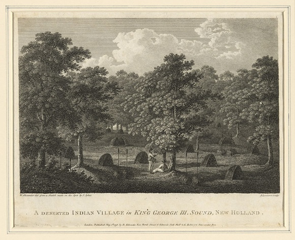 Title: b'A deserted Indian village in King George III Sound, New Holland.' | Date: 1798 | Technique: b'engraving, printed in black ink, from one copper plate' Title: b'A deserted Indian village in King George III Sound, New Holland.' | Date: 1798 | Technique: b'engraving, printed in black ink, from one copper plate'