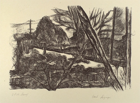 Artist: b'Laspargis, Paul.' | Title: b'Suburban view I' | Date: 1986, July | Technique: b'lithograph, printed in black ink, from one plate' Artist: b'Laspargis, Paul.' | Title: b'Suburban view I' | Date: 1986, July | Technique: b'lithograph, printed in black ink, from one plate'