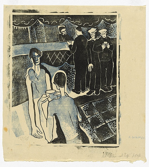 Artist: b'Weitzel, Frank.' | Title: b'Cafe' | Date: c.1930 | Technique: b'linocut, printed in colour, from multiple blocks' Artist: b'Weitzel, Frank.' | Title: b'Cafe' | Date: c.1930 | Technique: b'linocut, printed in colour, from multiple blocks'