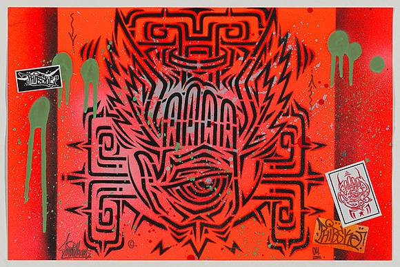 Artist: b'PHIBS,' | Title: b'Hand (on orange).' | Date: 2004 | Technique: b'stencil, printed in black ink, from one stencil; texta marker; paint; stickers' Artist: b'PHIBS,' | Title: b'Hand (on orange).' | Date: 2004 | Technique: b'stencil, printed in black ink, from one stencil; texta marker; paint; stickers'