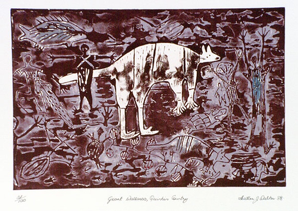 Artist: b'Walker, Heather.' | Title: b'Giant Wallaroo' | Date: 1988 | Technique: b'linocut, printed in colour, from multiple blocks' Artist: b'Walker, Heather.' | Title: b'Giant Wallaroo' | Date: 1988 | Technique: b'linocut, printed in colour, from multiple blocks'