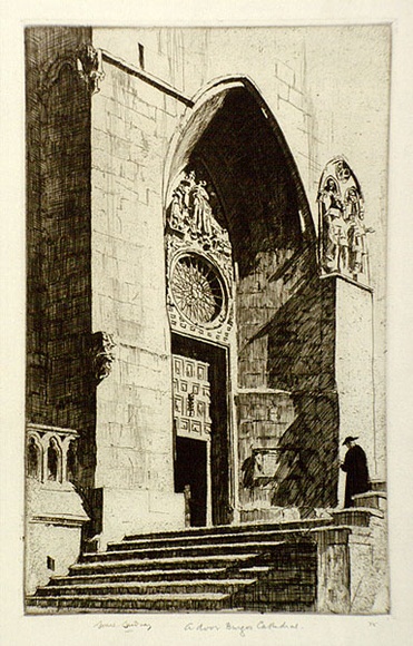 Artist: b'LINDSAY, Lionel' | Title: b'A doorway, Burgos Cathedral' | Date: 1926 | Technique: b'etching and aquatint, printed in warm black ink, from one plate' | Copyright: b'Courtesy of the National Library of Australia' Artist: b'LINDSAY, Lionel' | Title: b'A doorway, Burgos Cathedral' | Date: 1926 | Technique: b'etching and aquatint, printed in warm black ink, from one plate' | Copyright: b'Courtesy of the National Library of Australia'