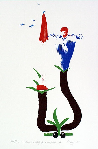 Artist: b'COLEING, Tony' | Title: b'The de flower machine, or study for a sculpture.' | Date: 1975 | Technique: b'screenprint, printed in colour, from five stencils' Artist: b'COLEING, Tony' | Title: b'The de flower machine, or study for a sculpture.' | Date: 1975 | Technique: b'screenprint, printed in colour, from five stencils'