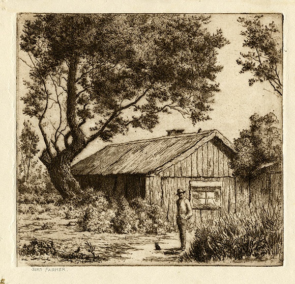 Artist: b'Farmer, John.' | Title: b'The hut.' | Date: c.1960 | Technique: b'etching, printed in brown ink with plate-tone, from one plate' Artist: b'Farmer, John.' | Title: b'The hut.' | Date: c.1960 | Technique: b'etching, printed in brown ink with plate-tone, from one plate'