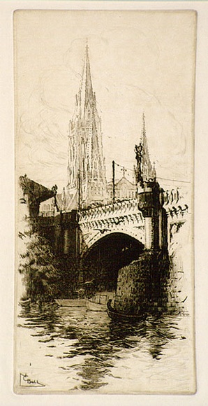 Artist: b'Bull, Norma C.' | Title: bSt Paul's and Princes Bridge, Melbourne. | Date: 1939 | Technique: b'etching, printed in brown ink, from one plate' Artist: b'Bull, Norma C.' | Title: bSt Paul's and Princes Bridge, Melbourne. | Date: 1939 | Technique: b'etching, printed in brown ink, from one plate'