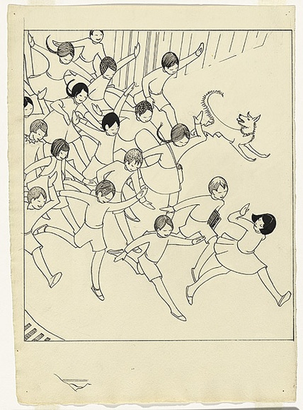 Artist: b'Spowers, Ethel.' | Title: bDrawing for the linocut 'School is out' | Date: (1936) | Technique: b'pen and ink, pencil' Artist: b'Spowers, Ethel.' | Title: bDrawing for the linocut 'School is out' | Date: (1936) | Technique: b'pen and ink, pencil'