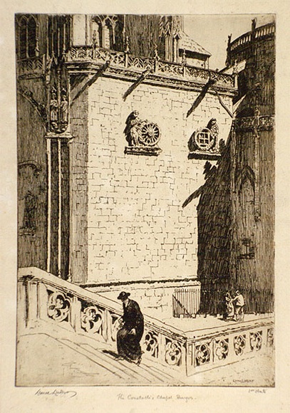 Artist: b'LINDSAY, Lionel' | Title: bThe Constable's Chapel, Burgos | Date: 1944 | Technique: b'etching, printed in brown ink, from one plate' | Copyright: b'Courtesy of the National Library of Australia' Artist: b'LINDSAY, Lionel' | Title: bThe Constable's Chapel, Burgos | Date: 1944 | Technique: b'etching, printed in brown ink, from one plate' | Copyright: b'Courtesy of the National Library of Australia'