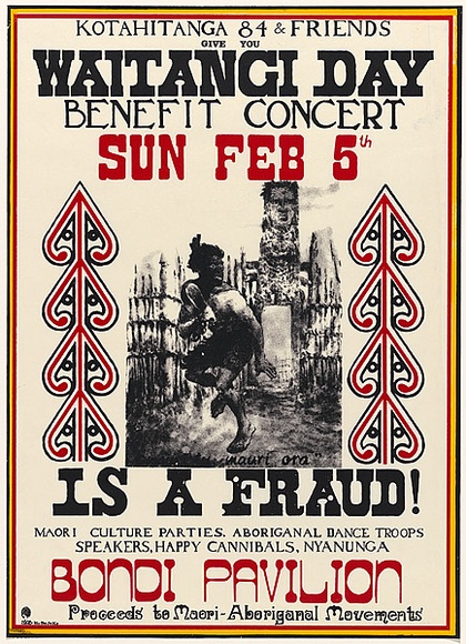 Artist: b'Ake Ho Bo Jo Ke.' | Title: b'Kotahitanga 84 & friends give you Waitangi Day Benefit Concert.' | Date: 1984 | Technique: b'screenprint, printed in colour, from three stencils' Artist: b'Ake Ho Bo Jo Ke.' | Title: b'Kotahitanga 84 & friends give you Waitangi Day Benefit Concert.' | Date: 1984 | Technique: b'screenprint, printed in colour, from three stencils'