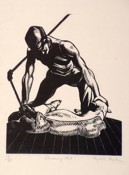 Artist: b'Fasken, Myrtle.' | Title: b'Shearing No.3.' | Date: (1929) | Technique: b'wood-engraving, printed in black ink, from one block' | Copyright: b'\xc2\xa9 The Estate of Myrtle Fasken' Artist: b'Fasken, Myrtle.' | Title: b'Shearing No.3.' | Date: (1929) | Technique: b'wood-engraving, printed in black ink, from one block' | Copyright: b'\xc2\xa9 The Estate of Myrtle Fasken'