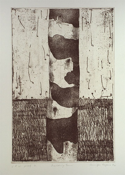 Artist: b'ROGERS, Jennifer' | Title: b'Shedding gum' | Date: 1982 | Technique: b'etching, printed in sepia ink, from one plate' Artist: b'ROGERS, Jennifer' | Title: b'Shedding gum' | Date: 1982 | Technique: b'etching, printed in sepia ink, from one plate'