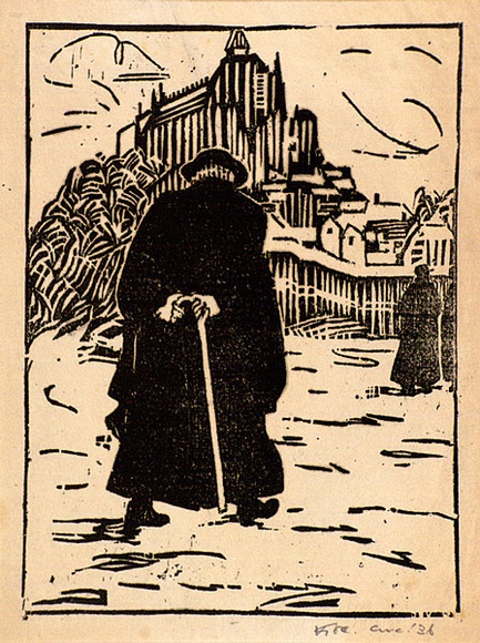 Artist: bO'Connor, Vic. | Title: b'Mt. St. Michel' | Date: c.1937 | Technique: b'linocut, printed in black ink, from one block' | Copyright: b'Reproduced with permission of the artist.' Artist: bO'Connor, Vic. | Title: b'Mt. St. Michel' | Date: c.1937 | Technique: b'linocut, printed in black ink, from one block' | Copyright: b'Reproduced with permission of the artist.'