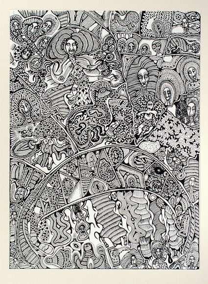 Artist: b'Wungi, Cecil King.' | Title: b'not titled  [composition with heads and birds]' | Date: c.1981 | Technique: b'photo-screenprint, printed in black ink, from one stencil'