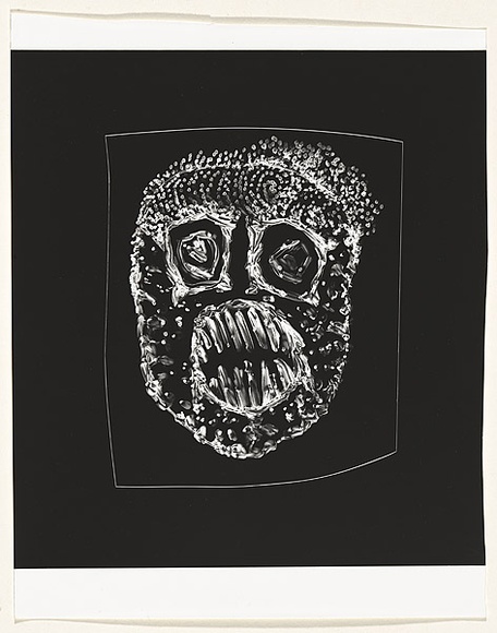 Title: not titled [wide-eyed and bearing teeth] | Date: c.1993 | Technique: cliché-verre, printed in black, from hand-drawn negative