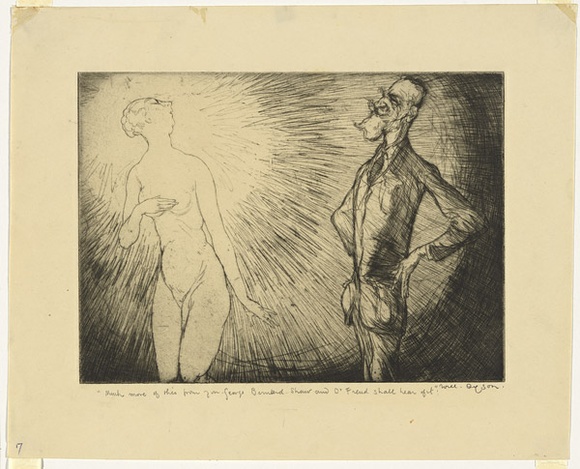 Artist: b'Dyson, Will.' | Title: b'Our immortals: Much more of this from you George Bernard Shaw and Dr Freud shall hear of it!.' | Date: c.1929 | Technique: b'drypoint, printed in black ink, from one plate' Artist: b'Dyson, Will.' | Title: b'Our immortals: Much more of this from you George Bernard Shaw and Dr Freud shall hear of it!.' | Date: c.1929 | Technique: b'drypoint, printed in black ink, from one plate'