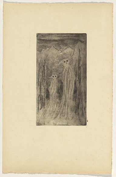 Artist: b'Lempriere, Helen' | Title: b'(Spirits)' | Date: c.1955 | Technique: b'etching, printed in black ink with plate-tone, from one plate' Artist: b'Lempriere, Helen' | Title: b'(Spirits)' | Date: c.1955 | Technique: b'etching, printed in black ink with plate-tone, from one plate'
