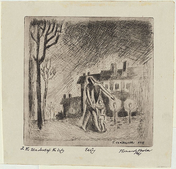 Artist: b'de Kesler, Thomas.' | Title: b'In the shadows of the night.' | Date: 1961 | Technique: b'etching and lavis, printed in black ink with plate-tone, from one plate' | Copyright: b'\xc2\xa9 Thomas de Kessler' Artist: b'de Kesler, Thomas.' | Title: b'In the shadows of the night.' | Date: 1961 | Technique: b'etching and lavis, printed in black ink with plate-tone, from one plate' | Copyright: b'\xc2\xa9 Thomas de Kessler'