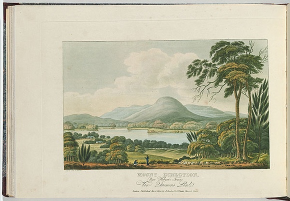 Artist: b'Lycett, Joseph.' | Title: b'Mount Direction, near Hobart Town, Van Diemens Land.' | Date: 1824 | Technique: b'etching and aquatint, printed in black ink, from one copper plate; hand-coloured' Artist: b'Lycett, Joseph.' | Title: b'Mount Direction, near Hobart Town, Van Diemens Land.' | Date: 1824 | Technique: b'etching and aquatint, printed in black ink, from one copper plate; hand-coloured'