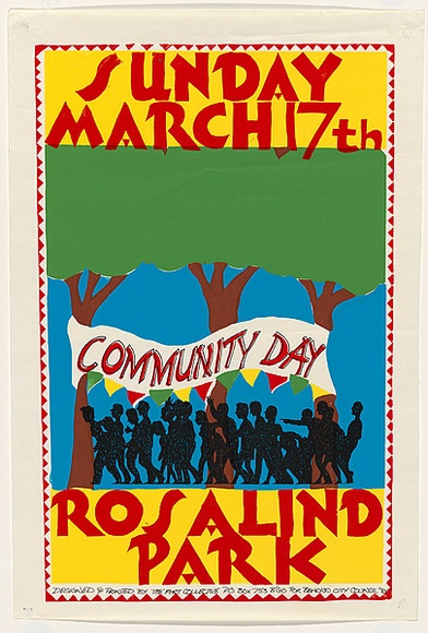 Artist: b'Ebsworth, Andrea.' | Title: b'Community Day, Sunday, March 17th, Rosalind Park, Bendigo.' | Date: 1985 | Technique: b'screenprint, printed in colour, from multiple stencils' Artist: b'Ebsworth, Andrea.' | Title: b'Community Day, Sunday, March 17th, Rosalind Park, Bendigo.' | Date: 1985 | Technique: b'screenprint, printed in colour, from multiple stencils'